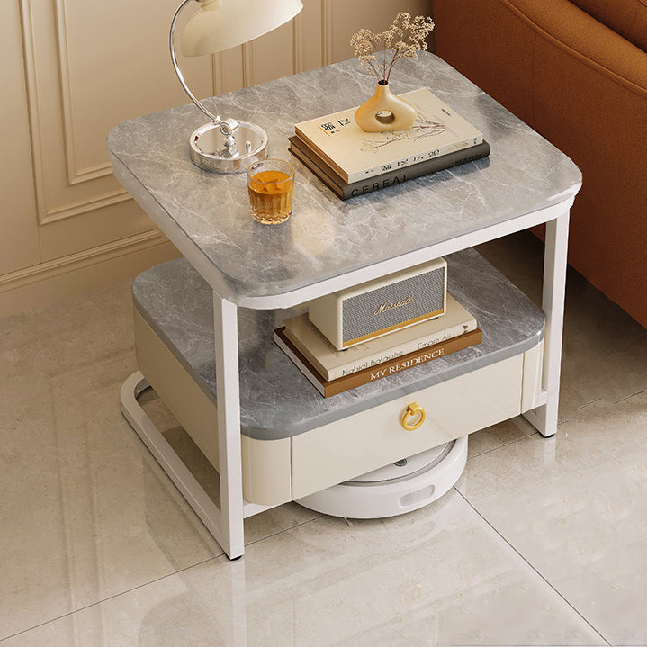 Table basse moderne de luxe en marbre carré avec tiroir en acier au carbone pour salon 