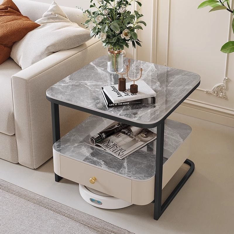 Table basse moderne de luxe en marbre carré avec tiroir en acier au carbone pour salon 