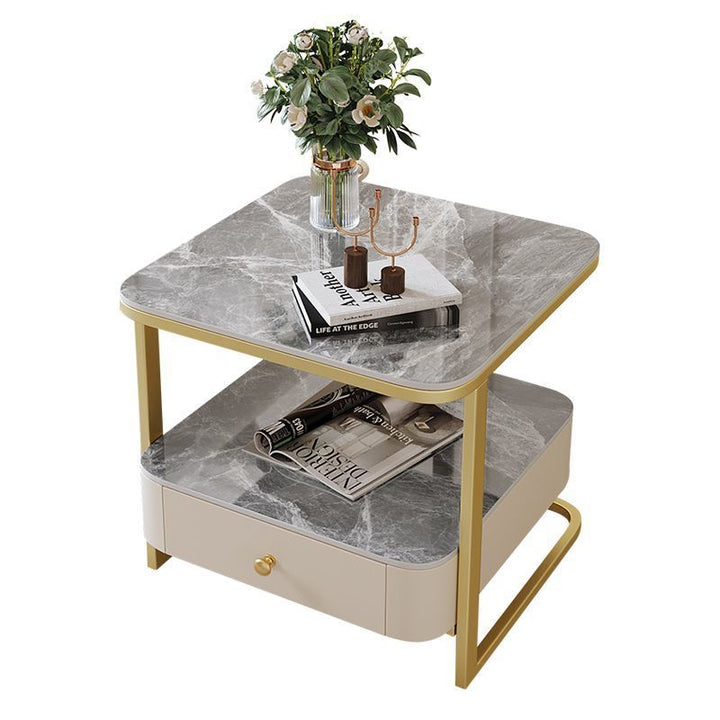Table basse moderne de luxe en marbre carré avec tiroir en acier au carbone pour salon 