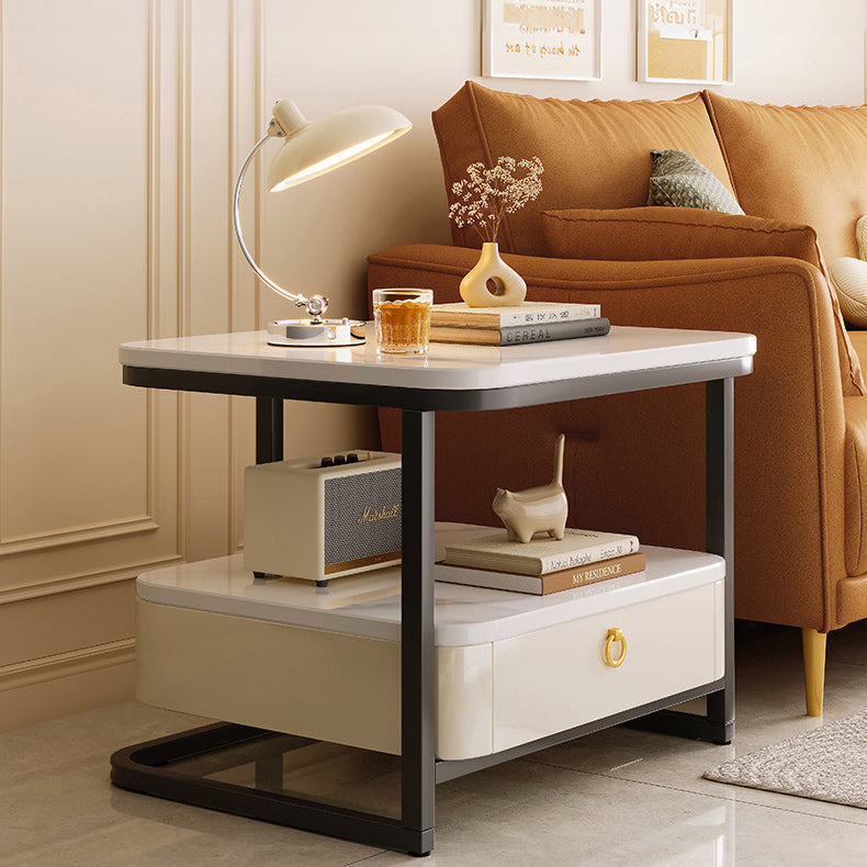 Table basse moderne de luxe en marbre carré avec tiroir en acier au carbone pour salon 