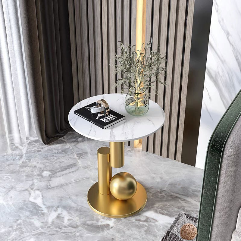 Modern Art Deco Round Marble Slab Iron Side Table For Living Room