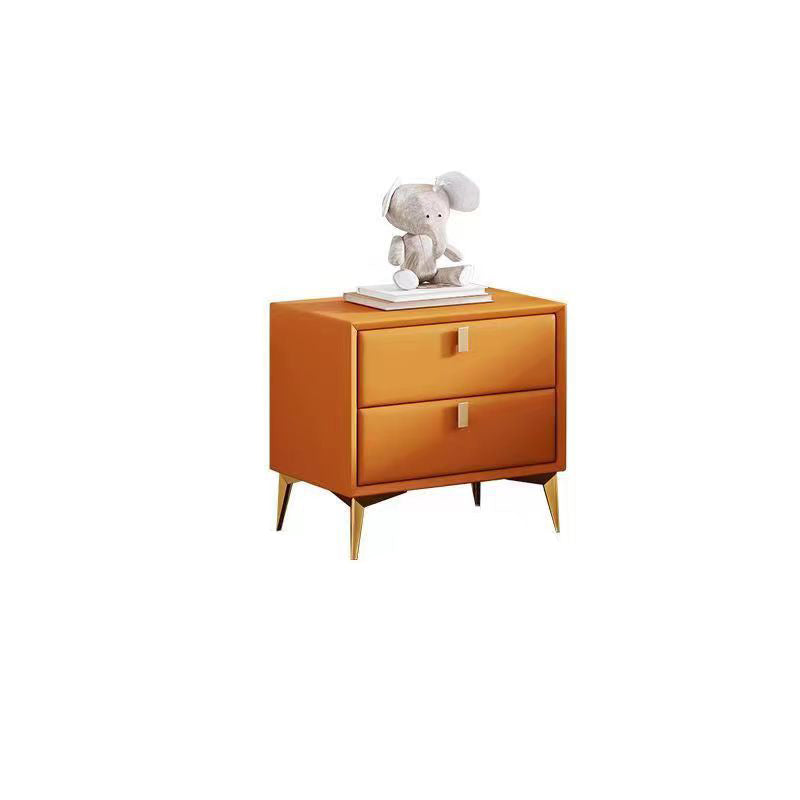Table de chevet contemporaine scandinave rectangulaire en bois massif, cuir microfibre, ferrures métalliques, 2 tiroirs pour chambre 