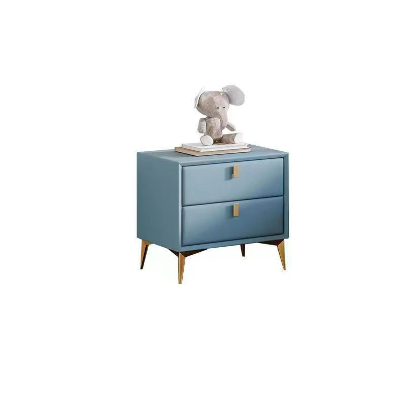 Table de chevet contemporaine scandinave rectangulaire en bois massif, cuir microfibre, ferrures métalliques, 2 tiroirs pour chambre 