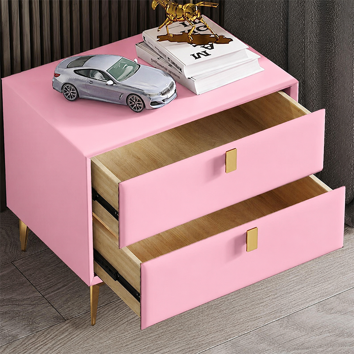 Table de chevet contemporaine scandinave rectangulaire en bois massif, cuir microfibre, ferrures métalliques, 2 tiroirs pour chambre 