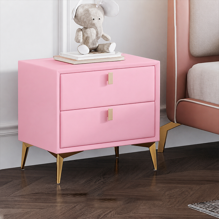 Contemporary Scandinavian Rectangular MDF Cat Scratch Resistant Leather Metal Hardware Nightstand 2-Drawer For Bedroom