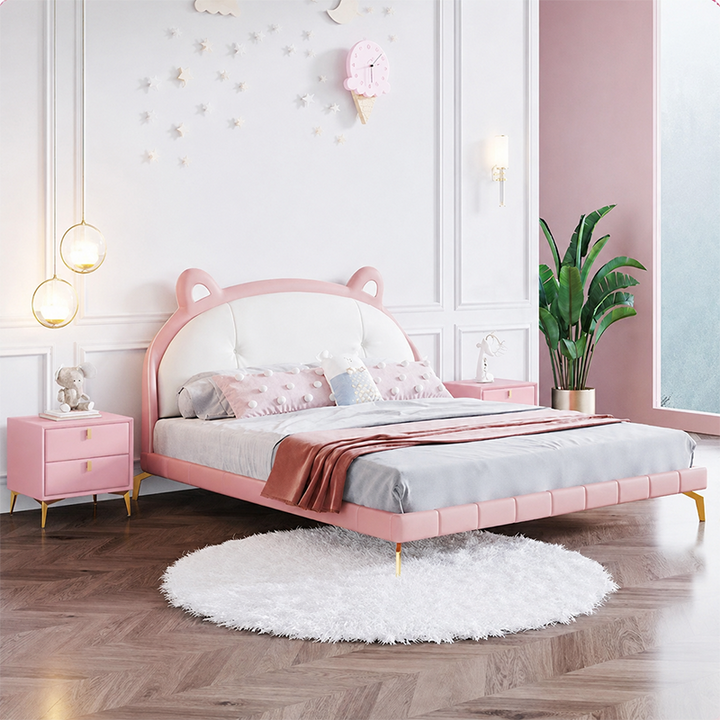 Contemporary Scandinavian Rectangular MDF Cat Scratch Resistant Leather Metal Hardware Nightstand 2-Drawer For Bedroom