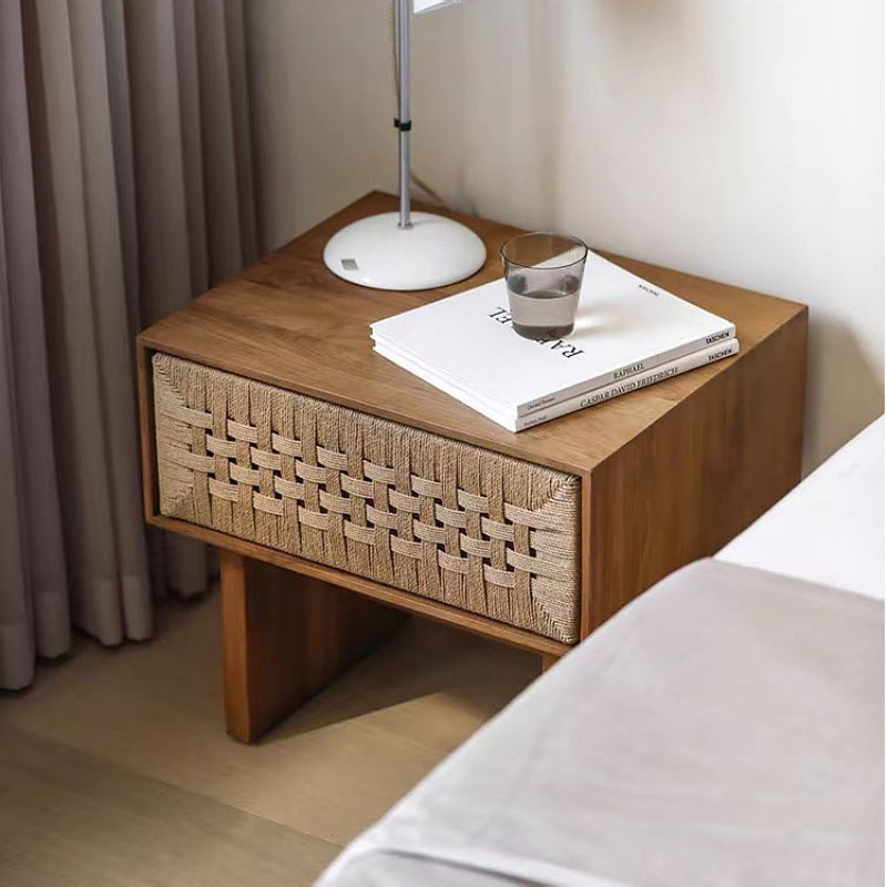 Traditional Rustic Rectangular Solid Wood Danish Cord Nightstand 1-Drawer For Bedroom