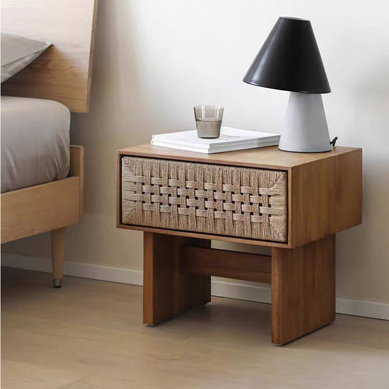 Traditional Rustic Rectangular Solid Wood Danish Cord Nightstand 1-Drawer For Bedroom