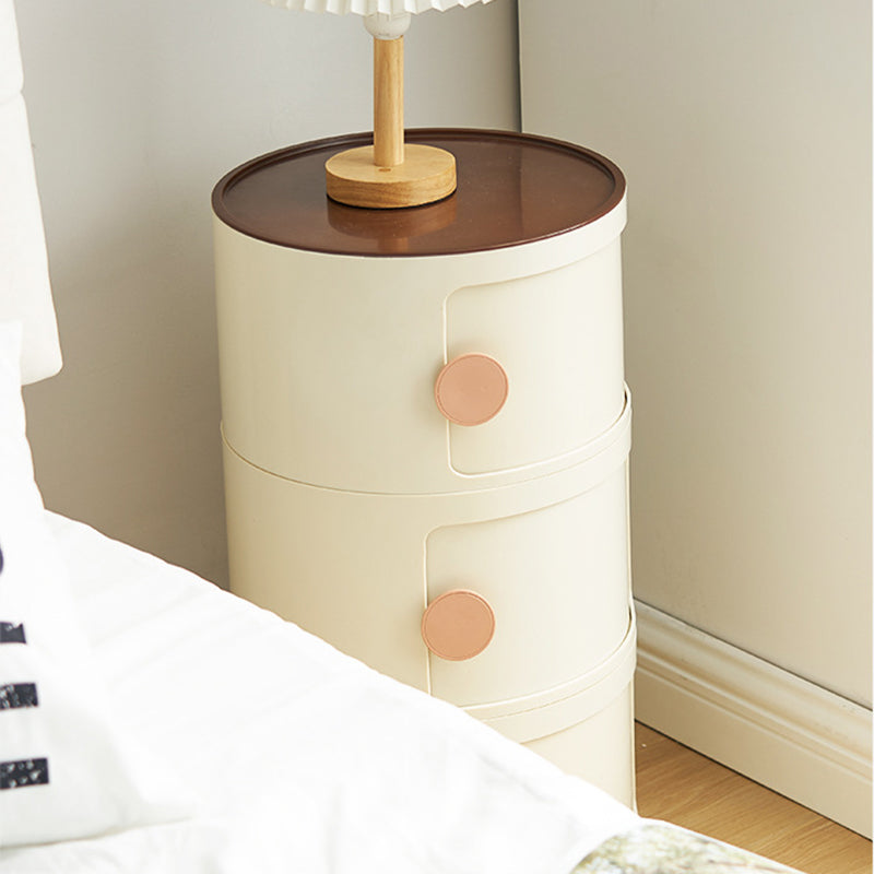 Contemporary Scandinavian Round Plastic Nightstand 3-Storage For Bedroom