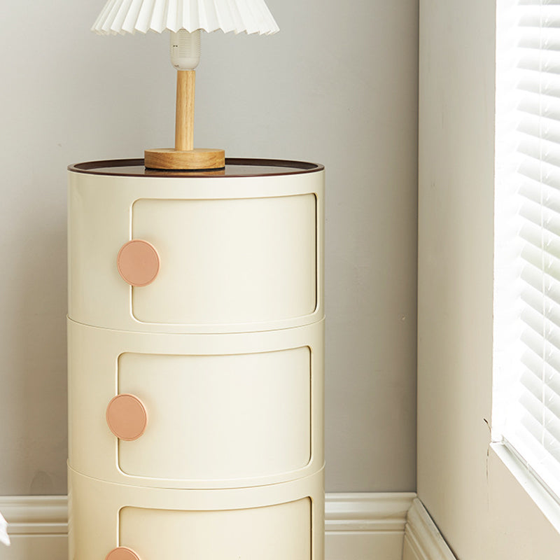 Contemporary Scandinavian Round Plastic Nightstand 3-Storage For Bedroom
