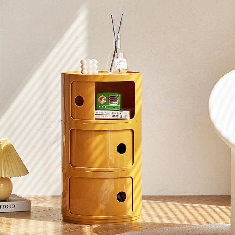 Contemporary Scandinavian Round Plastic Nightstand 3-Storage For Bedroom