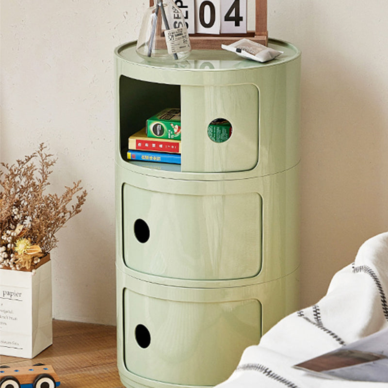 Contemporary Scandinavian Round Plastic Nightstand 3-Storage For Bedroom