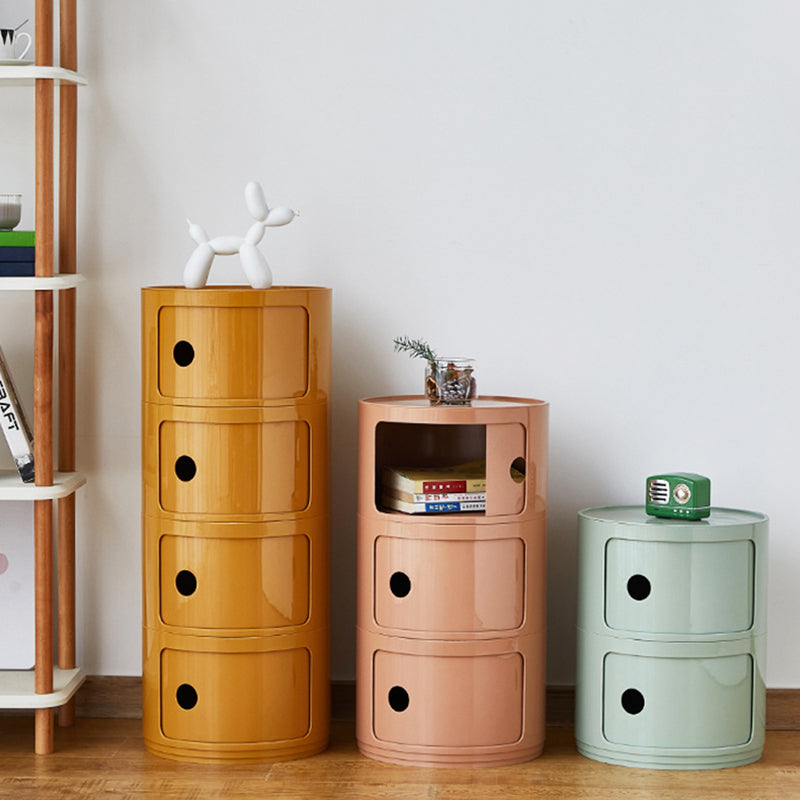 Contemporary Scandinavian Round Plastic Nightstand 3-Storage For Bedroom