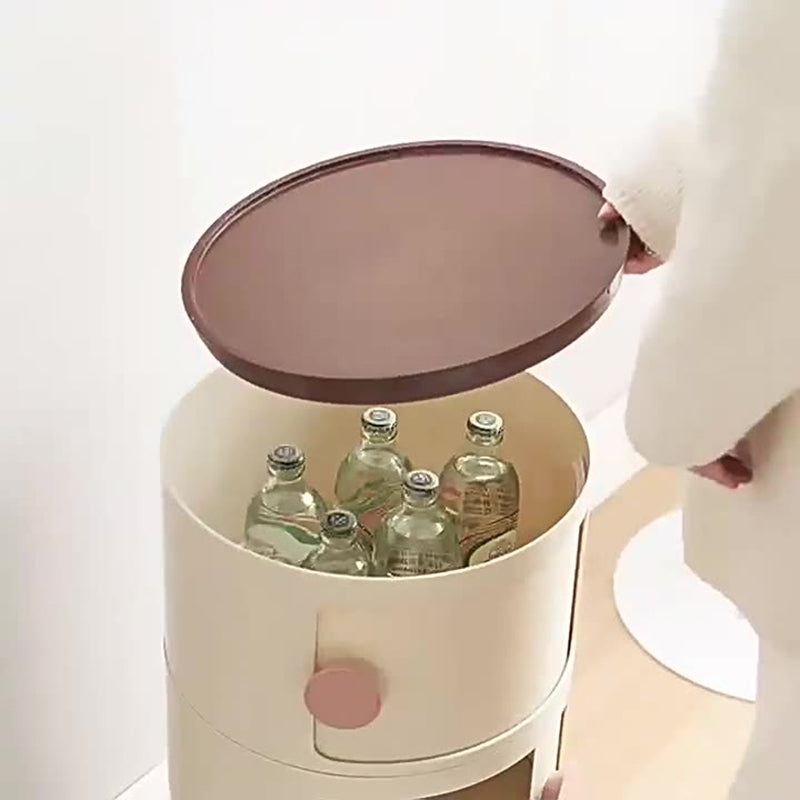 Contemporary Scandinavian Round Plastic Nightstand 3-Storage For Bedroom