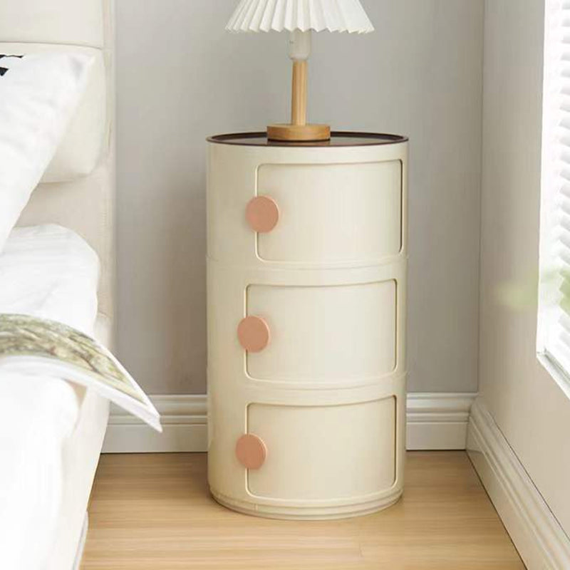 Contemporary Scandinavian Round Plastic Nightstand 3-Storage For Bedroom