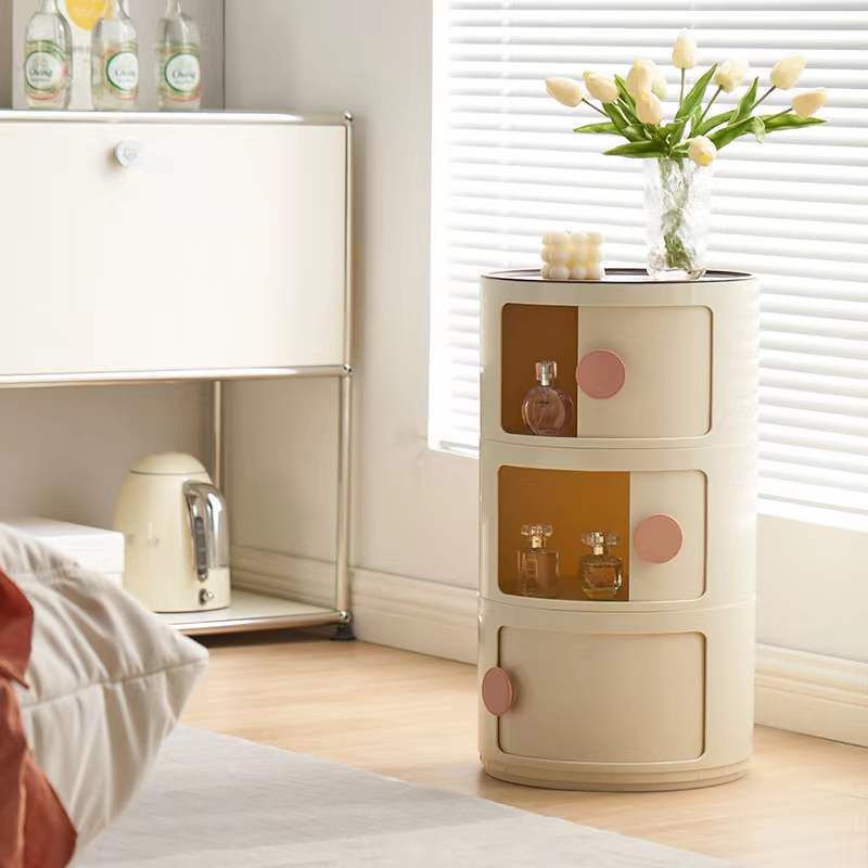 Contemporary Scandinavian Round Plastic Nightstand 3-Storage For Bedroom