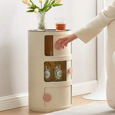 Contemporary Scandinavian Round Plastic Nightstand 3-Storage For Bedroom