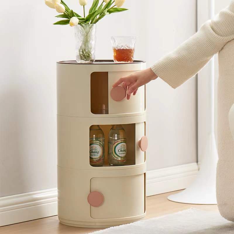 Contemporary Scandinavian Round Plastic Nightstand 3-Storage For Bedroom