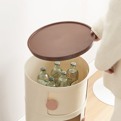 Contemporary Scandinavian Round Plastic Nightstand 3-Storage For Bedroom