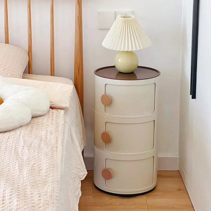 Contemporary Scandinavian Round Plastic Nightstand 3-Storage For Bedroom