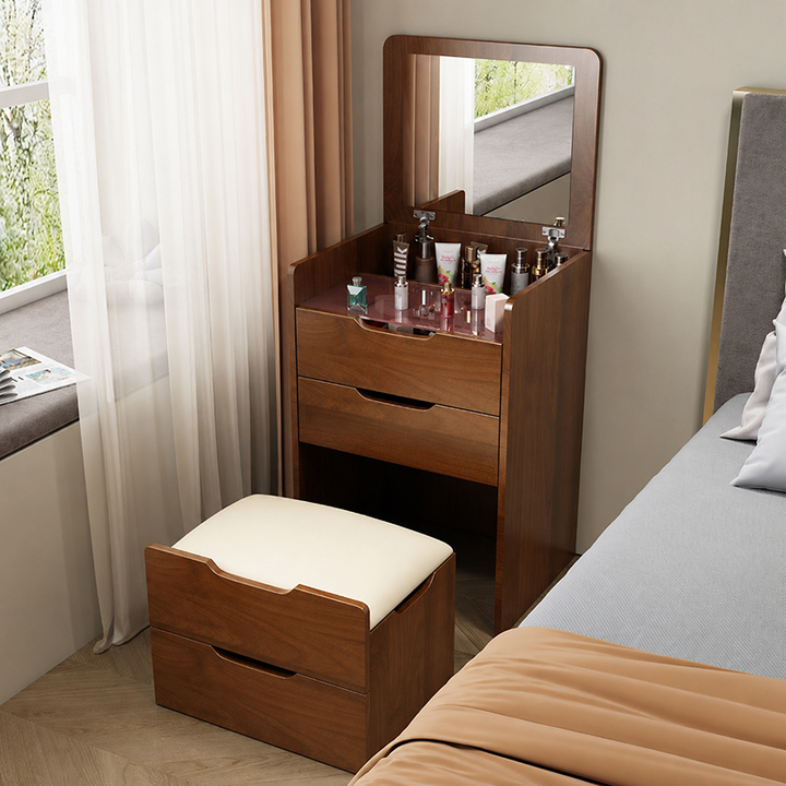 Modern Minimalist Rectangular Glass Solid Wood Makeup Vanity 3-Drawer For Bedroom