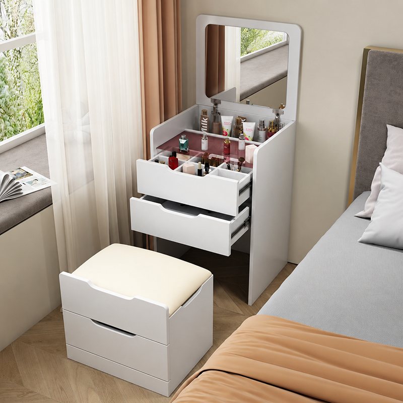 Modern Minimalist Rectangular Glass Solid Wood Makeup Vanity 3-Drawer For Bedroom