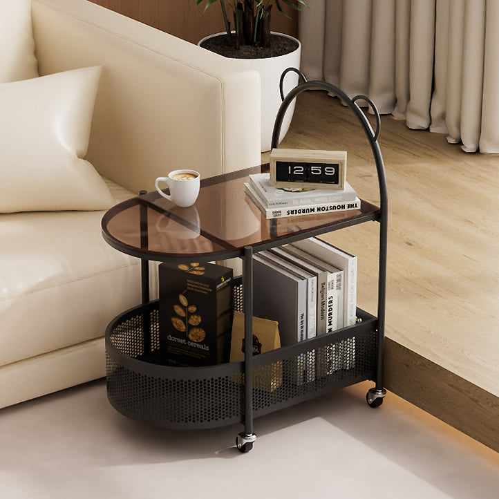 Modern Eclectic Oval Glass Carbon Steel Side Table 1-Shelf For Living Room