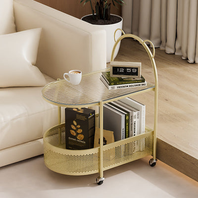 Modern Eclectic Oval Glass Carbon Steel Side Table 1-Shelf For Living Room