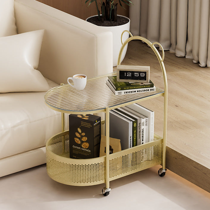 Modern Eclectic Oval Glass Carbon Steel Side Table 1-Shelf For Living Room