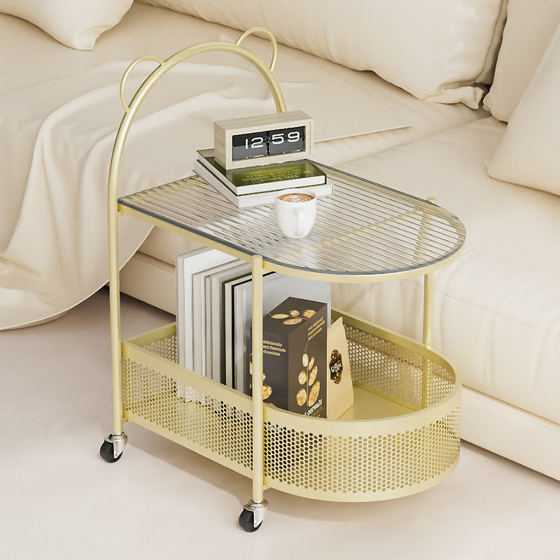 Mesa auxiliar moderna ecléctica ovalada de vidrio y acero al carbono con 1 estante para sala de estar 