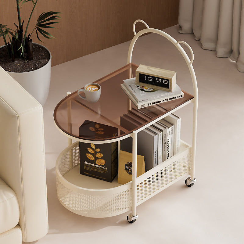 Modern Eclectic Oval Glass Carbon Steel Side Table 1-Shelf For Living Room
