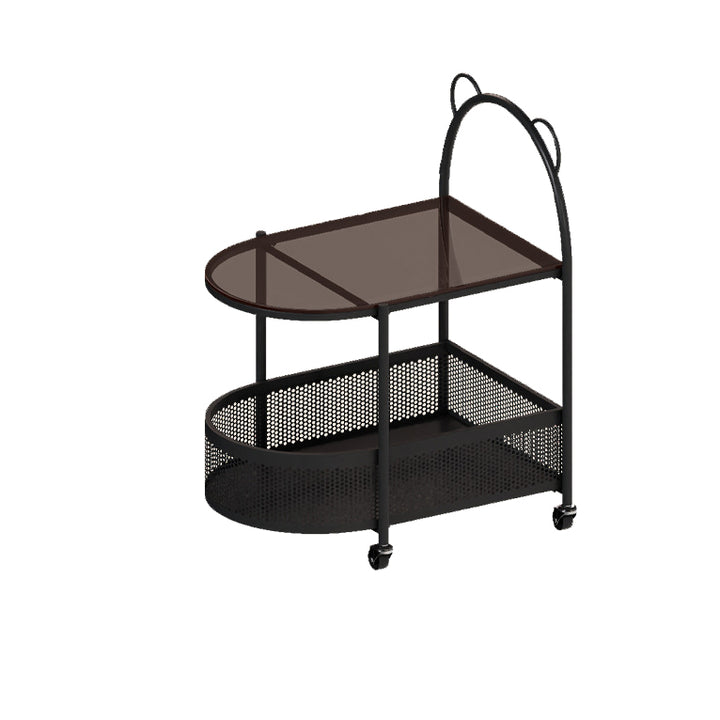 Mesa auxiliar moderna ecléctica ovalada de vidrio y acero al carbono con 1 estante para sala de estar 