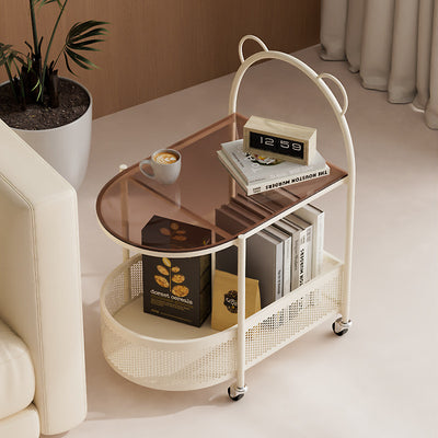 Modern Eclectic Oval Glass Carbon Steel Side Table 1-Shelf For Living Room