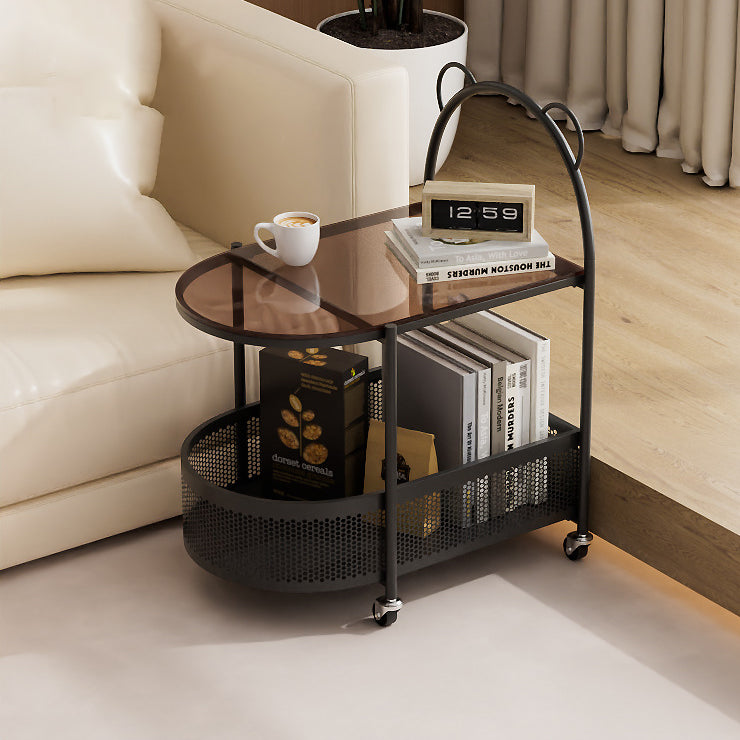 Modern Eclectic Oval Glass Carbon Steel Side Table 1-Shelf For Living Room