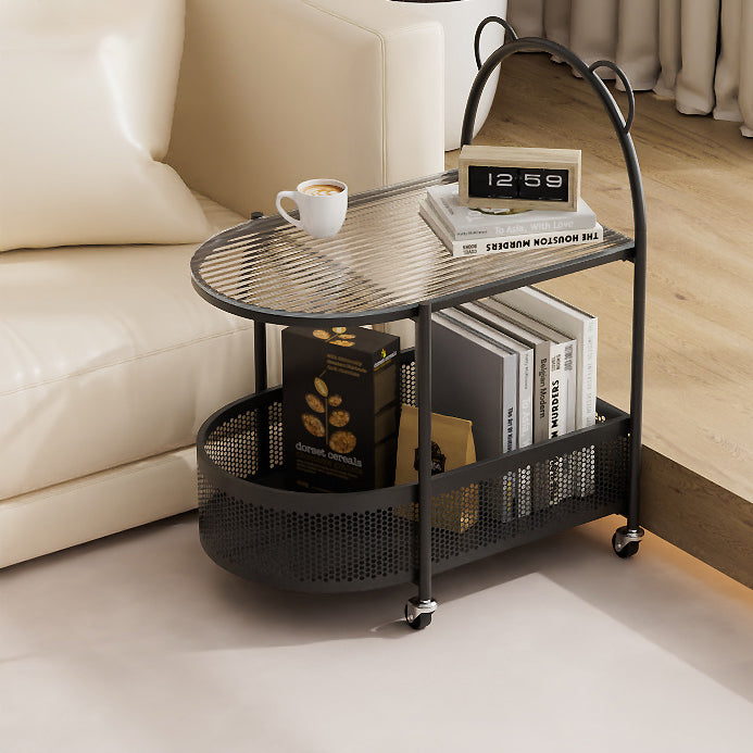 Modern Eclectic Oval Glass Carbon Steel Side Table 1-Shelf For Living Room
