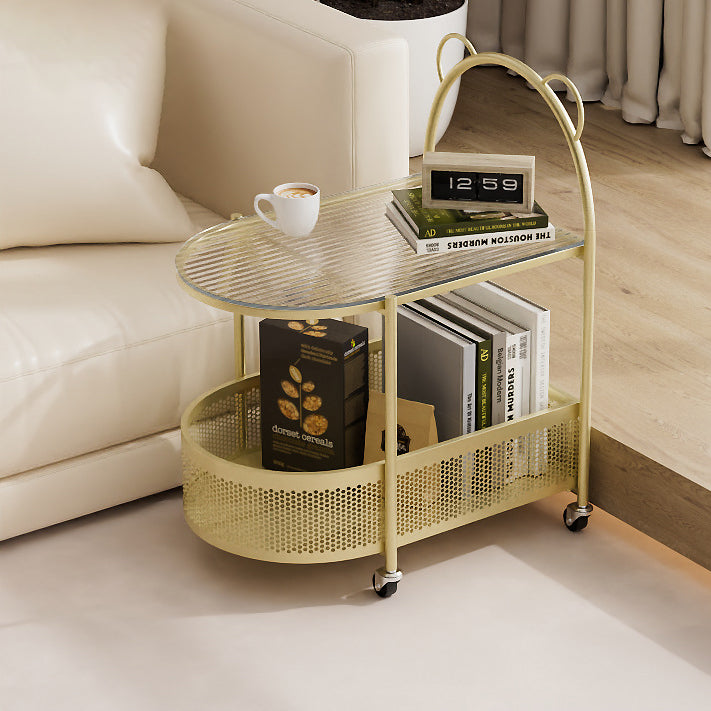 Modern Eclectic Oval Glass Carbon Steel Side Table 1-Shelf For Living Room