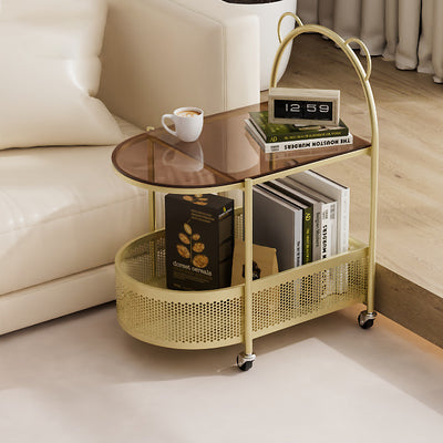 Modern Eclectic Oval Glass Carbon Steel Side Table 1-Shelf For Living Room