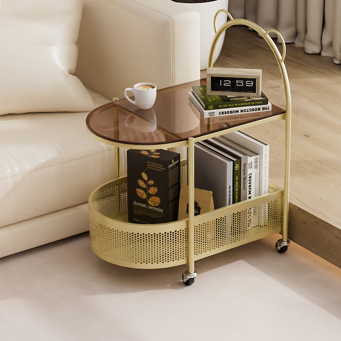 Modern Eclectic Oval Glass Carbon Steel Side Table 1-Shelf For Living Room