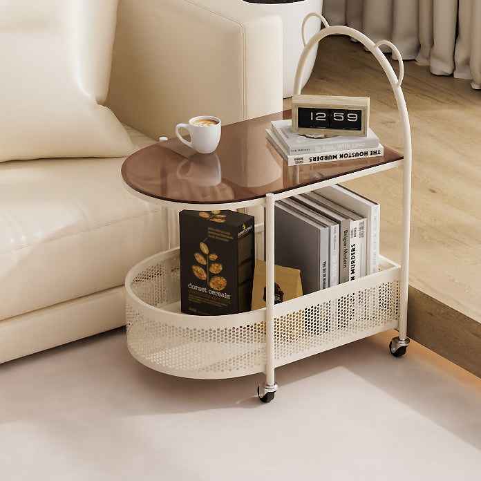 Modern Eclectic Oval Glass Carbon Steel Side Table 1-Shelf For Living Room