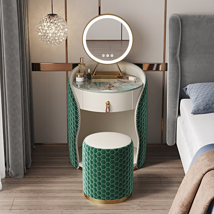 Modern Luxury Round Leather Solid Wood Stainless Steel Makeup Vanity 1-Drawer For Bedroom