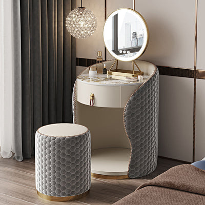 Modern Luxury Round Leather Solid Wood Stainless Steel Makeup Vanity 1-Drawer For Bedroom