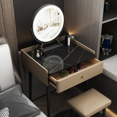 Contemporary Scandinavian Rectangular Rock Panel Microfiber Leather Carbon Steel Makeup Vanity 1-Drawer For Bedroom