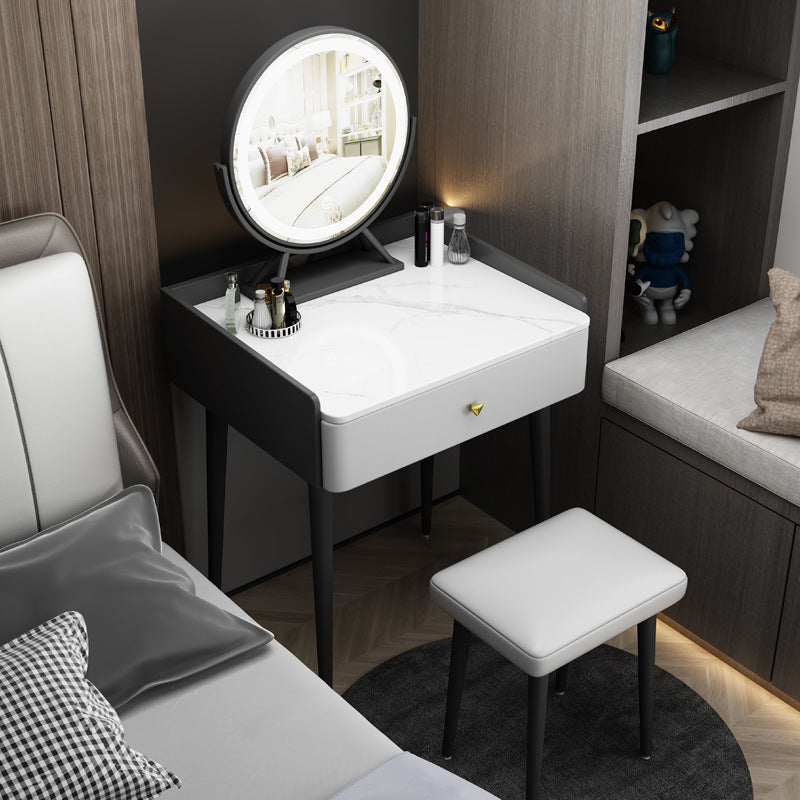 Contemporary Scandinavian Rectangular Rock Panel Microfiber Leather Carbon Steel Makeup Vanity 1-Drawer For Bedroom