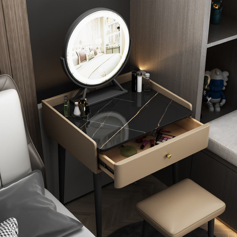 Contemporary Scandinavian Rectangular Rock Panel Microfiber Leather Carbon Steel Makeup Vanity 1-Drawer For Bedroom