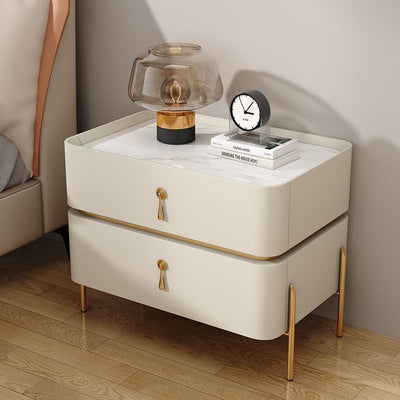 Modern Luxury Rectangular Microfiber Leather Marble Slab Solid Wood Metal Nightstand 2-Drawer For Bedroom