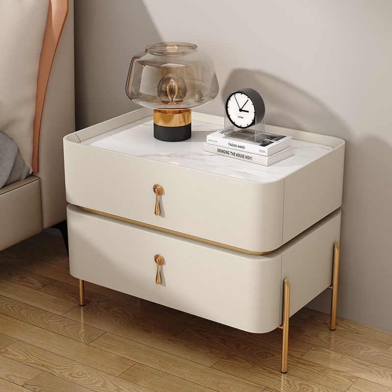 Modern Luxury Rectangular Microfiber Leather Marble Slab Solid Wood Metal Nightstand 2-Drawer For Bedroom