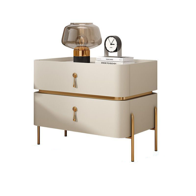 Modern Luxury Rectangular Microfiber Leather Marble Slab Solid Wood Metal Nightstand 2-Drawer For Bedroom