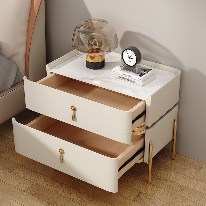 Modern Luxury Rectangular Microfiber Leather Marble Slab Solid Wood Metal Nightstand 2-Drawer For Bedroom