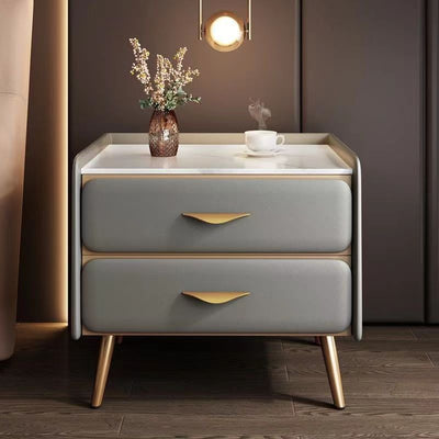 Contemporary Coastal Rectangular Rock Slab Solid Wood Metal Nightstand 2-Drawer For Bedroom
