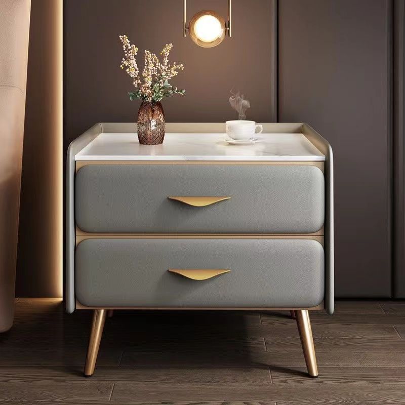Contemporary Coastal Rectangular Rock Slab Solid Wood Metal Nightstand 2-Drawer For Bedroom